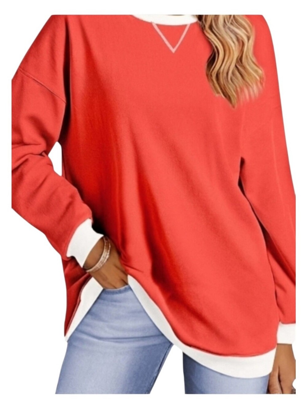 Fantaslook. Coral Red Long Sleeve Crewneck Sweatshirt with White Trim. 2X. NWT.